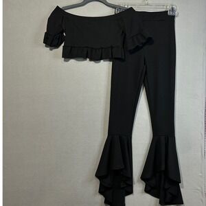 Boohoo Black Ruffle Bell Bottom Pants Set‎ Off Shoulder Crop Top US Size 2 Party